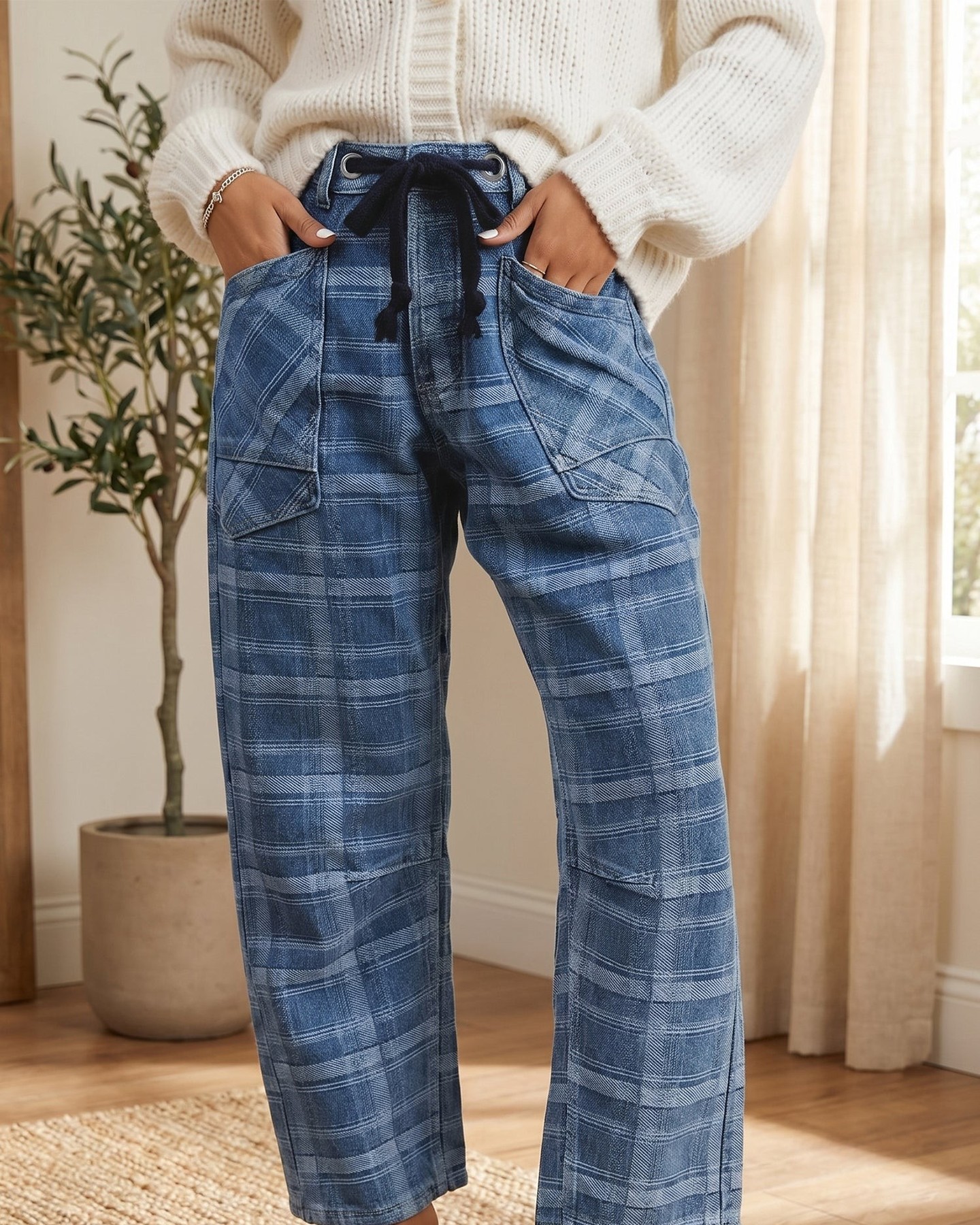 Plaid denim with grommet details elevates every casual outfit instantly.

The drawstring waist delivers comfort without sacrificing style, while the sky blue plaid pattern and cropped ankle length work seamlessly with trainers, sandals, or boots. A statement piece that actually feels good to wear.

#PlaidDenim #DrawstringJeans #AnkleLengthJeans #DenimStyle #WomensJeansUK