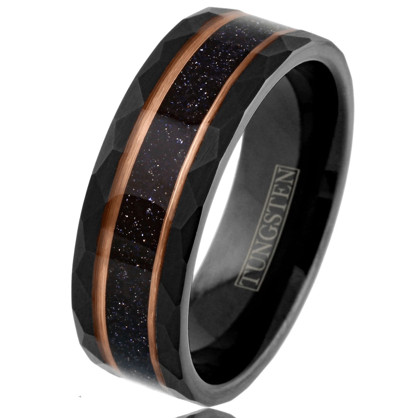 Dark Blue Wedding Band Ring for Men Black Tungsten Carbide Sandstone Inlay Between Two Rose Gold Stripes