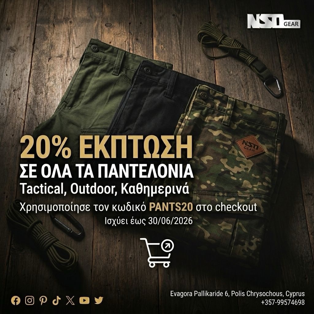Κέρδισε 20% ΕΚΠΤΩΣΗ σε όλη τη συλλογή παντελονιών μας! Tactical, outdoor ή καθημερινά—διάλεξε το δικό σου κομμάτι που αντέχει σε κάθε πρόκληση.

👉 Χρησιμοποίησε τον κωδικό PANTS20 στο checkout για αυτόματη εφαρμογή της έκπτωσης.

🗓️ Διάρκεια προσφοράς: 25/06/2026 έως 30/06/2026.
⚠️ Η προσφορά δεν συνδυάζεται με άλλες εκπτώσεις.

#NSOGear #TacticalGear #OutdoorLife #offers #cyprus