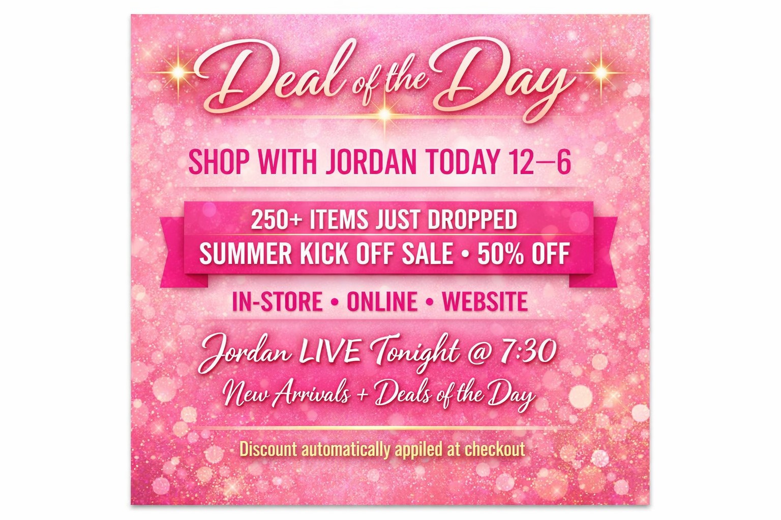 🌞🔥 DEAL OF THE DAY 🔥🌞
Shop with Jordan today 12–6! 
We just dropped another 50 to our Sale.  That's  over 250 items into our Summer Kick Off Sale at 50% OFF — and they are moving FAST.

Shop these in‑store, online, or on the app/website.
Jordan will be LIVE tonight at 7:30 with new arrivals and some Deal of the Day steals you don’t want to miss.

#AlexLayneBoutique #DealOfTheDay #SummerKickOffSale #50Off #ShopLocal #boutiquestyle 

https://shopalexlayne.com/collections/singles
