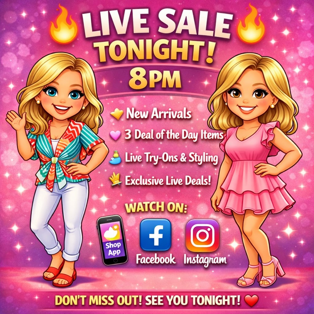 🔥 LIVE SALE TONIGHT at 8 PM! 🔥
Join Jordan + Step for a fun night of:
✨ Brand New Arrivals 
✨ 3 Deal of the Day Items 
✨ Live Try‑Ons + Styling 
✨ Exclusive Live‑Only Steals

Watch wherever you love to shop:
📱 Alex Layne App 
📘 Facebook 
📸 Instagram

Don’t miss it — tonight’s lineup is GOOD and the deals won’t last! 💖

#AlexLayneBoutique #LiveSaleTonight #NewArrivals #DealOfTheDay #ShopLocal #BoutiqueStyle