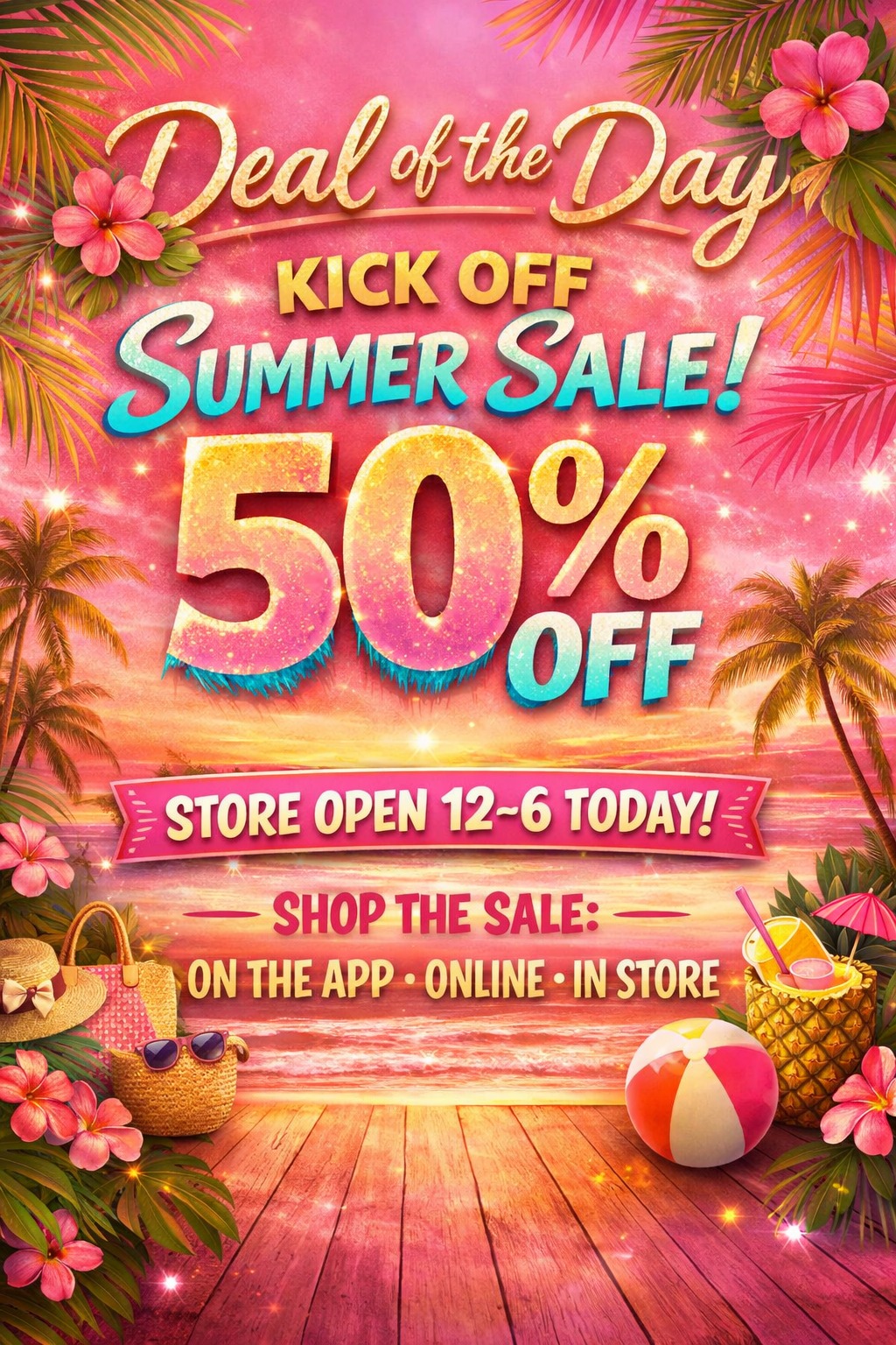 ☀️ DEAL OF THE DAY! 
💖 Kick Off Summer Sale — 50% OFF!

We’re celebrating sunshine, small‑town charm, and summer vibes with HALF OFF your favorites!
🛍️ Store open 12–6 today — come shop the sale in‑store, online, or on the app!

✨ Grab your summer deals before they’re gone!