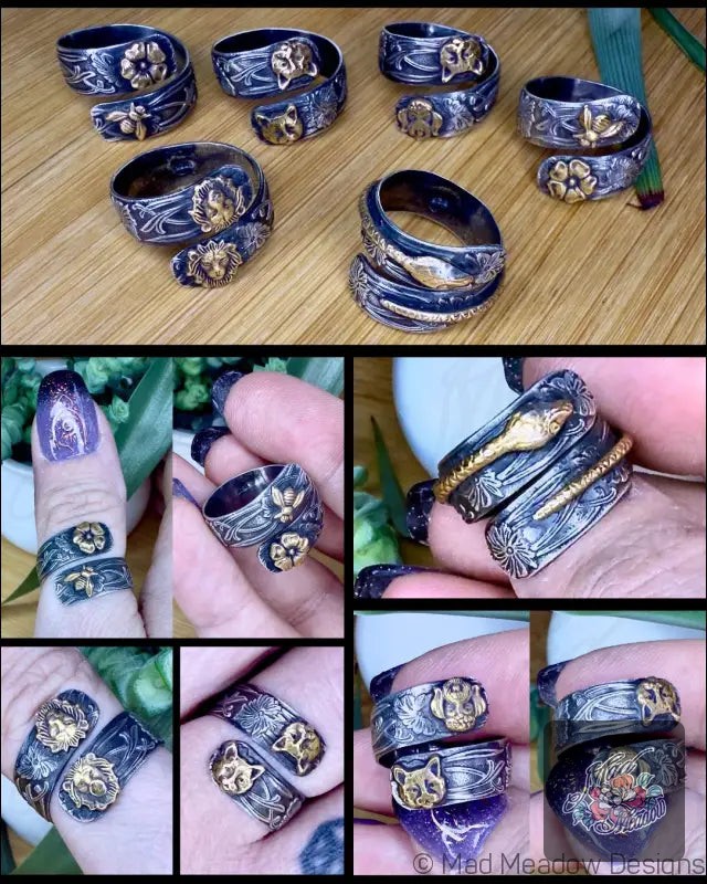 Who said rings have to be boring? 

This Dark Blue and Gold Brass Animal and Floral Wide Sterling Silver Wrap Ring turns heads and sparks conversations! 

With playful animal and floral accents, it’s an artistic twist on your jewelry collection. 

Adjustable for a perfect fit, this unique piece adds flair to any outfit, whether it’s casual or chic. 

A statement ring that combines whimsy with elegance, all for just $75.00!

Ready to shine? Get yours here: 

#BohoStyle #StatementJewelry #WhimsicalDesign #MadMeadowDesigns #NatureInspired