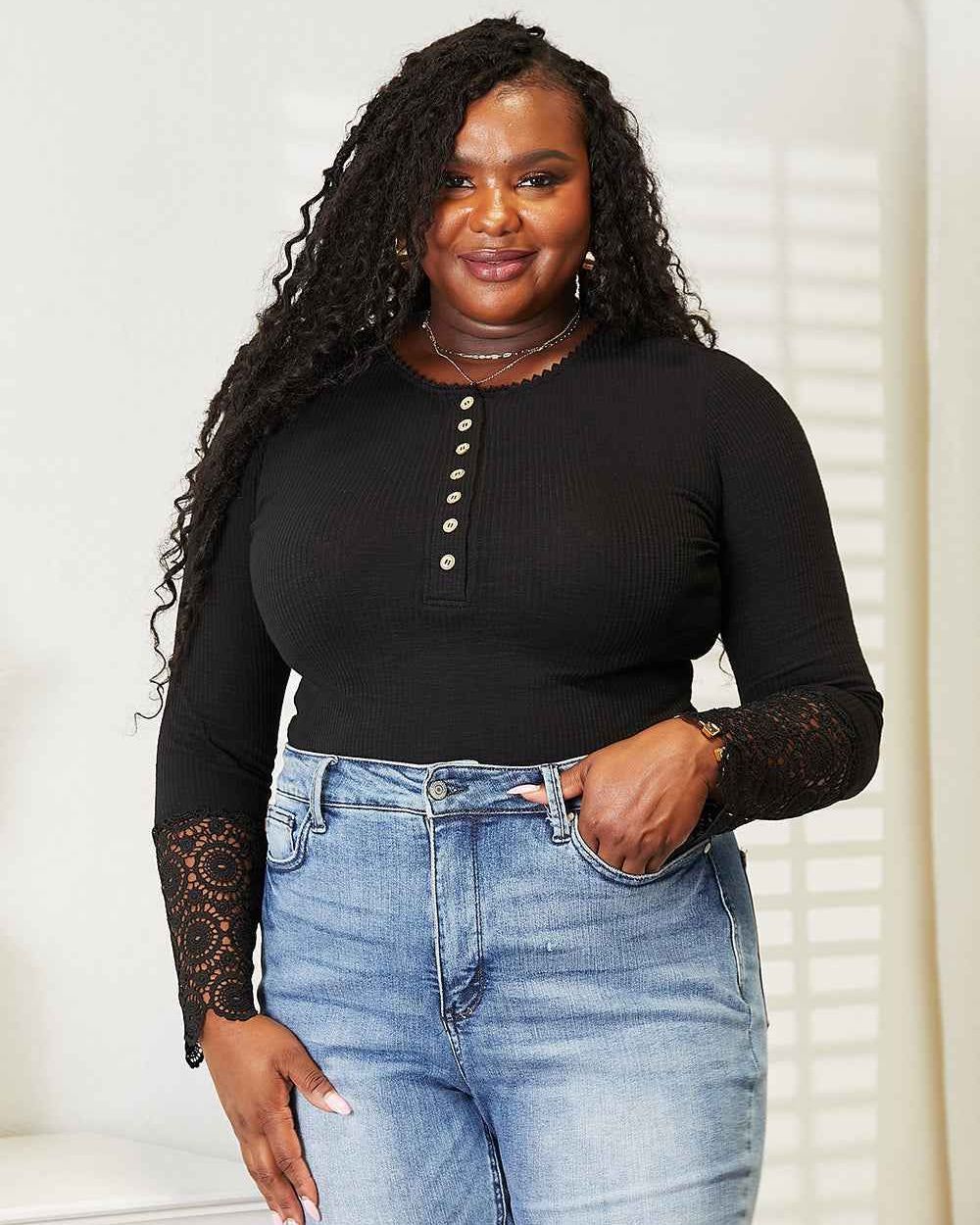 Double Take Crochet Lace Hem Sleeve Button Top
 27.0 USD

 This classic top is a fun and flirty way to liven up your wardrobe. The charming lace design is feminine, while the solid color keeps it versatile.
 
Features: Lace detail
Sheer: Opaque
Stretch: Slightly stretchy
Material composition: 95% polyester, 5% spandex
Care instructions: Machine wash cold. Tumble dry low.
Imported
Model information:
 Curve model-height 5'9", bust 46", waist 37", hip 48", size 1X, jeans size 14W
 Regular size model-height 5'6", bust 34", waist 25", hip 35", size S, jeans size 1
 Product measurements: S: bust 32 in, waist 28 in, front length 24 in, hem width 33 in
 M: bust 34 in, waist 30 in, front length 25 in, hem width 35 in
 L: bust 36 in, waist 32 in, front length 26 in, hem width 37 in
 XL: bust 39 in, waist 35 in, front length 26 in, hem width 40 in
 2XL: bust 43 in, waist 38 in, front length 27 in, hem width 43 in

 https://fashionsenvy.com/products/double-take-crochet-lace-hem-sleeve-button-top