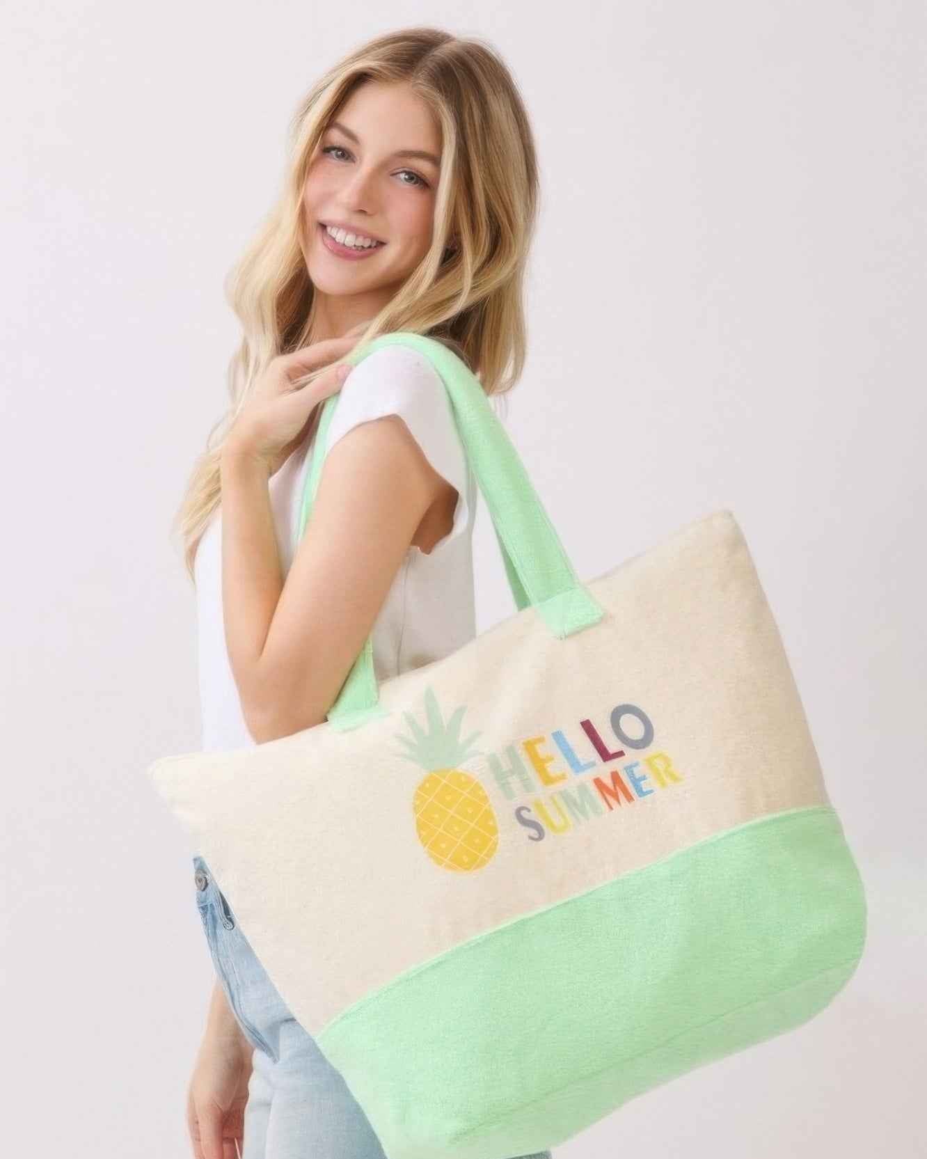 Summer is calling! ☀️

Meet your new beach buddy—the Terry Tote Beach Bag! With its fun pineapple print and soft terry fabric, it’s not just stylish; it’s super functional too. 

Roomy enough for all your essentials, it’s perfect for any sunny adventure. 

#BeachBag #SummerStyle #TropicalVibes #NewArrivals #FashionEssentials