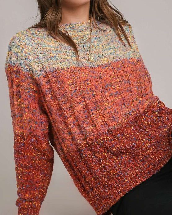 Cable-Knit Color Block Round Neck Long Sleeve Sweater
 48.0 USD

 
Features: Cable-Knit
Stretch: Slightly stretchy
Material composition: 50% polyester, 30% acrylic, 20% polyamide
Care instructions: Machine wash cold. Tumble dry low.
Imported
 

Size
US
Top Length
Bust
Sleeve Length
Hem

S
4
23.2
40.2
25.8
36.2

M
6/8
24
42.5
26.4
38.6

L
10/12
24.8
44.9
27
40.9

XL
14/16
24.8
48
27.6
44.1

 https://fashionsenvy.com/products/cable-knit-color-block-round-neck-long-sleeve-sweater