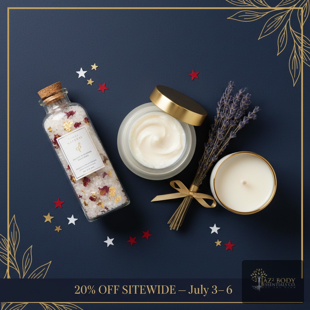 🎆 Celebrate the 4th with a little self-care. 20% off sitewide — no code needed, discount applied automatically at checkout. Shop July 3–6 only. Link in bio. ✨

#JAZBodyEssentials #July4thSale #NaturalBodyCare  #SelfCareWeekend #LuxurySkincare  #HolidayWeekendSale