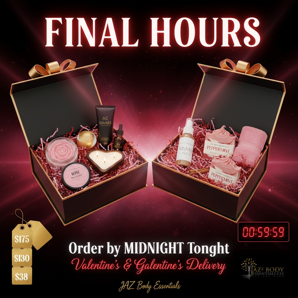 We're taking orders until MIDNIGHT for:

🎀 Pretty Queen Galentine's Edition - $175 The ultimate luxury gift with 7 premium spa essentials

🎀 Gal Pal Pamper Set - $130 Self-care + positive vibes for your bestie

🎀 Sweet Little Things Mini - $38 Perfect for multiple gals!

✨ Every box comes in our signature black packaging with gold accents, ready to gift—no wrapping needed!

⏰ ORDER BY MIDNIGHT TONIGHT ⏰ Link in bio or shop jazbodyessentials.com

Don't let your favorite people miss out on the love! 💕

#GalentinesDay #ValentinesDay #LastChance #GiftIdeas #SelfCare #SpaGifts #LuxuryGifts #JAZBodyEssentials #ShopSmall #LastMinuteGift