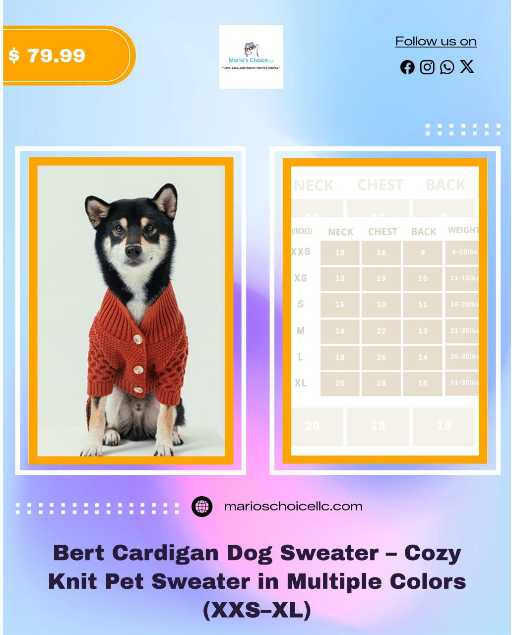 Your furry friend deserves to be cozy and stylish! 🐾❤️

Introducing the Bert Cardigan Dog Sweater: a perfect blend of warmth and fashion in a cozy knit. Available in multiple colors and sizes (XXS–XL), this rad sweater is designed to add joy to your pup's day while keeping them snuggly and chic. 🐕🌈 Whether it's a park stroll or a cozy night in, the Bert Cardigan fits seamlessly into every moment!

Don’t wait—these are flying off the shelves! Grab one for just $79.99 before they're gone! 🐶✨ 

#PetFashion #DogSweater #CozyPets #PetStyle #DogLovers #FashionForPets #PetApparel #PetAccessories #CozyCanine #ShopSmall

Shop Now https://marioschoicellc.com/products/bert-cardigan-dog-sweater-multiple-colors