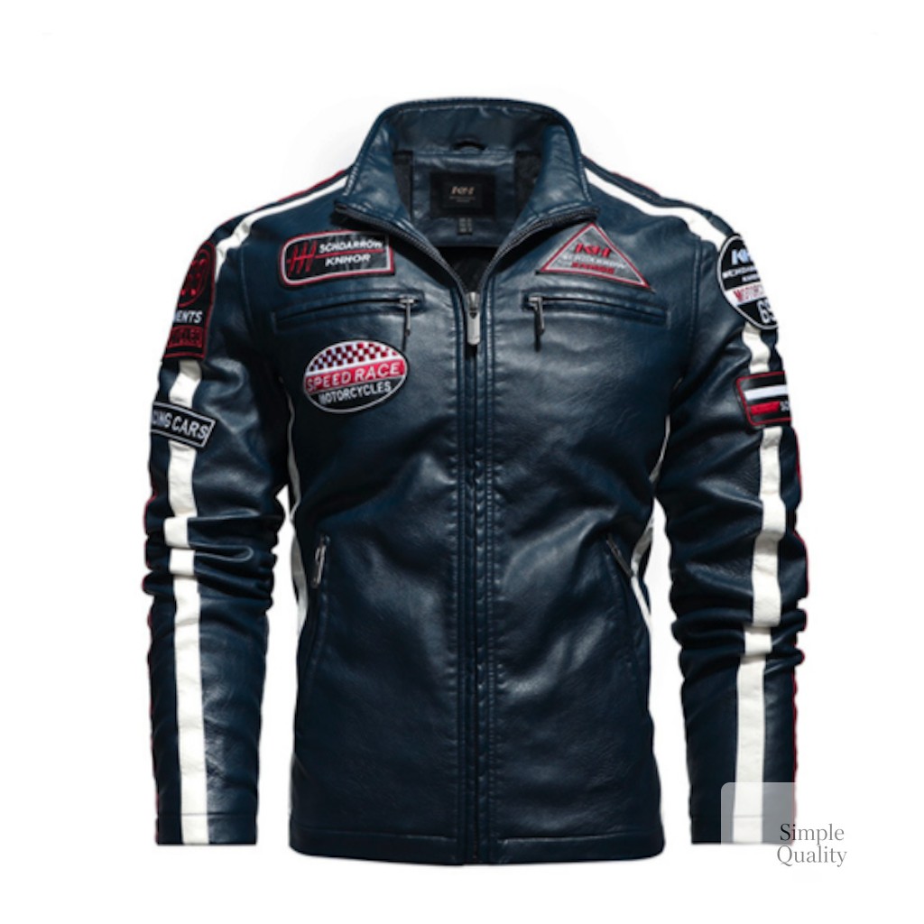 Stand out while staying warm! 

This Men's Biker Vegan Leather Jacket combines style and comfort with its trendy design and cozy faux fur lining. Available in Navy, Black, and Red, it’s perfect for making a bold statement on any ride or outing. 

Grab yours today! 
https://simplequality.org/products/mens-biker-vegan-leather-jacket-with-badges 

#BikerJacket #MensFashion #VeganLeather #Outerwear #FashionTrends