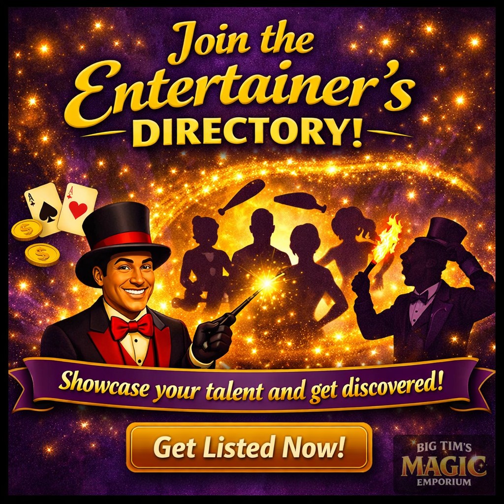 Calling All Entertainers in the United States! 🗽
 
✨Big Tim’s Magic Emporium is thrilled to announce that our Entertainer’s Directory is officially live!

✨If you’re a magician, juggler, fire performer, dancer, ventriloquist, balloon artist, face painter, or any other type of performer who loves to dazzle a crowd — this is your stage. 

✨Get listed today and let audiences find you for their next party, event, or venue — day or night!

And for anyone planning a show or celebration, the Directory is your one‑stop destination to discover the perfect entertainer.

Visit Big Tim’s Magic Emporium and join the magic! 🪄

https://bigtimsmagic.com/pages/join-our-entertainers-directory