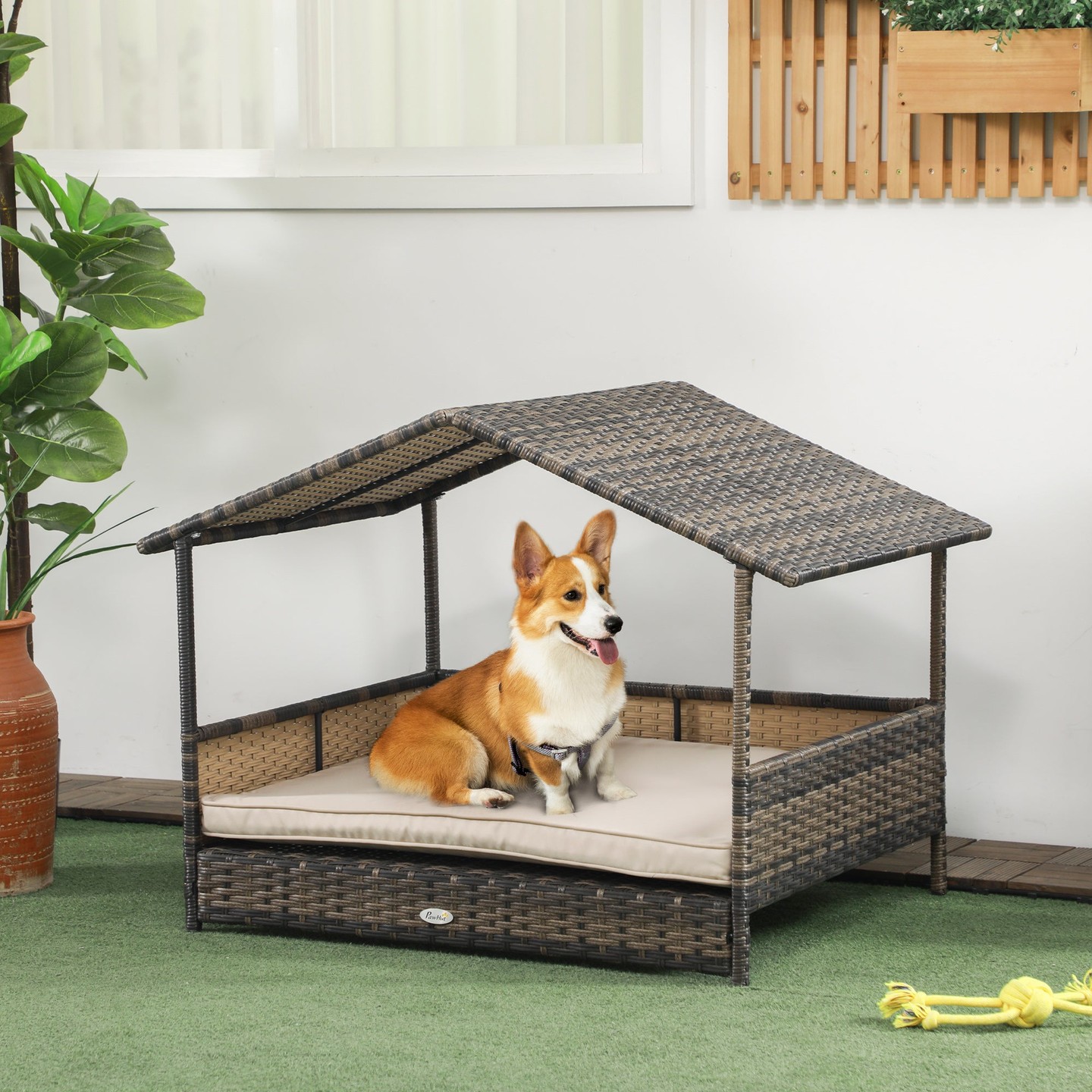 👉 Comment "Shop" order this item 👈

Wicker Dog House with Removable Cushion Lounge, Khaki 👇
Description : Give your dog a place that they can call home both indoors and out. You can provide the best rest they can receive with this wicker pet sofa bed from [BRAND NAME]. This pet bed is suited for small to medium-sized animals to use as a home, with plenty of space to bring toys, blankets, treats. Use the dog bed outdoors and not worry about falling apart, thanks to the solid steel frame and all-weather rattan. Let [BRAND NAME] help you bring home a cabana that's easy to assemble and keeps pets comfortable. Features: - Contemporary pet cabana design protects from weather, made with steel and PE rattan - Soft padded cushion provides extra comfort to pets - Protective anti-slip pads keep all four legs sturdy - Elevated legs keeps pets from getting too hot or cold - Suitable for small to medium-sized dogs Specification: - Color: Khaki, Dark Brown - Material: PE Rattan, Steel, Fabric, Cotton - Overall Dimensions: 38.5" L x 27.25" W x 27.5" H - Bed Dimensions: 31.5" L x 26.5" W - Roof Height: 27.5" H - Eave Height: 20.75" H - Bed Height Off Ground: 4.75" H - Height of Surrounding Edge: 7" H - Entrance: 31.5"W - Cushion Dimensions: 31.5" L x 26.5" W - Cushion Thickness: 2" - Weight Capacity: 110 lbs. - Item Label: D02-029V00KK Package Includes: - 1 x Instruction Manual - 1 x Dog House https://zenithpets.com/products/wicker-dog-house-with-removable-cushion-lounge-khaki