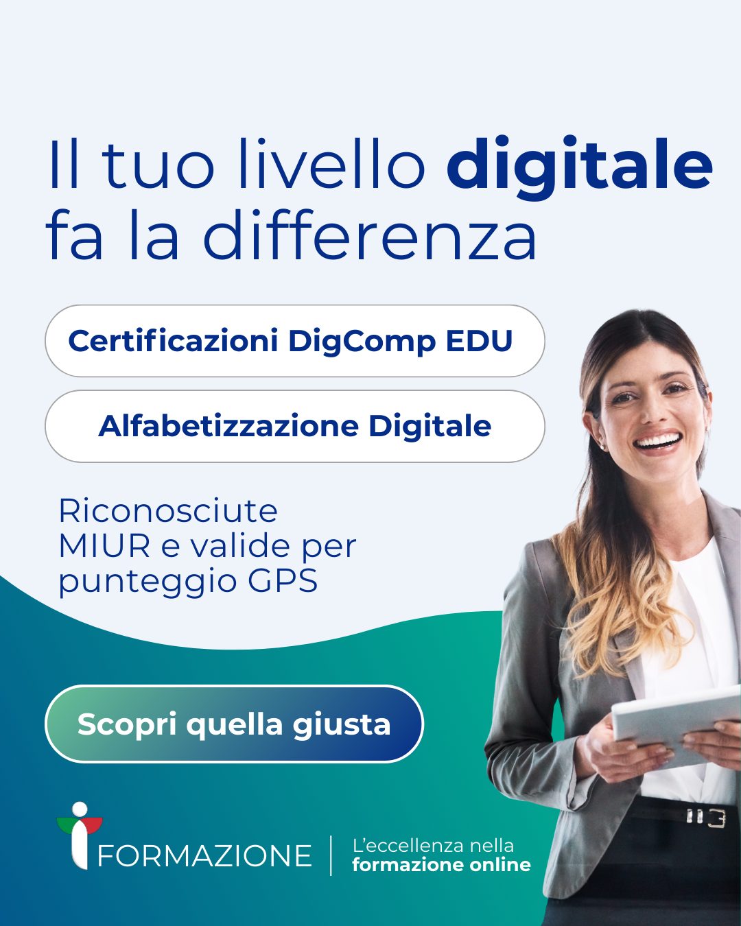 💡 Essere ""bravi al computer"" oggi non basta.
Serve dimostrarlo con certificazioni riconosciute.

Ecco perché sempre più docenti, studenti e professionisti scelgono:

✅ DigComp EDU → competenze digitali per la didattica
✅ Alfabetizzazione Digitale ACCREDIA → obbligatoria per personale ATA
✅ British → certificazione di inglese + punteggio GPS

🔍 Tutti i corsi sono online e riconosciuti dal Ministero dell'istruzione

📩 Ti aiutiamo a capire quale corso è giusto per te. Scrivici ora o visita itformazione.it

#digcompedu #alfabetizzazionedigitale #certificazioniMIUR 
#ingleseBritish #formazionedigitale #concorsodocenti 
#GPS2025 #itformazione #lifelonglearning